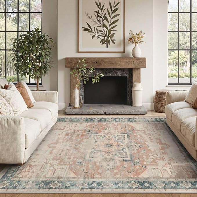 Rugxara 4X6 Rug,Washable Area Rugs for Living Room, Orange Boho Rug,Neutral Vintage for Bedroom, Dining Room, Kids Room, Farmhouse, Low Pile Non Slip Carpet for High Traffic Areas, Coral(Orange&Blue)