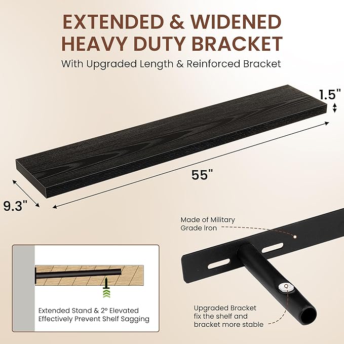 Dreamland 55 Inches Floating Shelves for Wall, 9.3" Deep Long Floating Shelves Set of 1, Large Display & Storage Shelf, Wall Shelf for Bathroom Bedroom Living Room Kitchen Office, Black