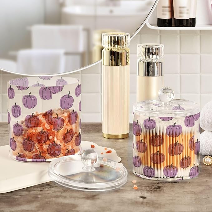 Fake Sequins Pumpkin Lavender Autumn Clear Plastic Makeup Organizer Storage with lid Pantry Essentials Decorative small storage bins for Cotton Swabs,Cotton Pads,Floss Picks,Paper Clips,Hair