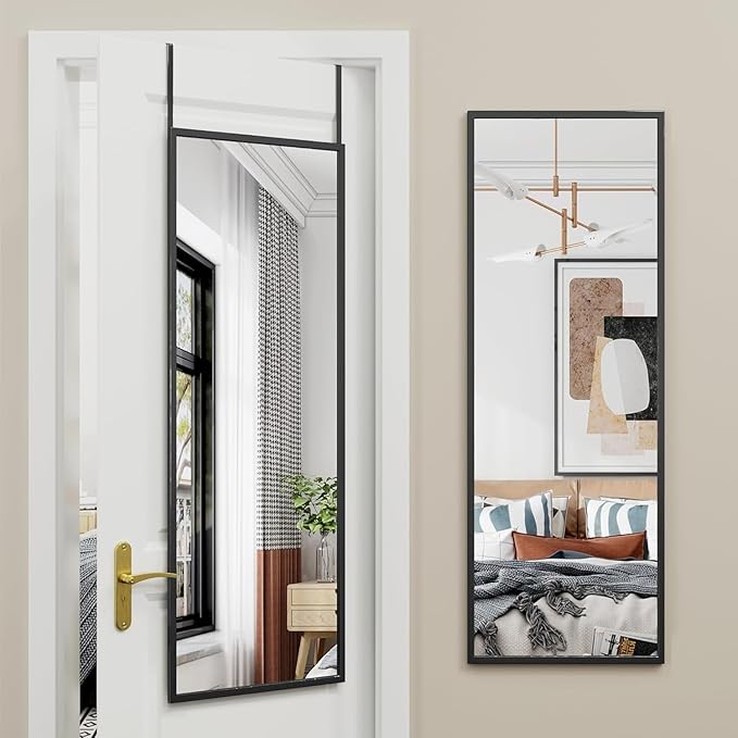 Antok Over The Door Mirror Full Length, 49'' x 14''Wall Mounted Hanging Mirror, Aluminum Alloy Frame, Shatterproof Glass, No Drill Installation for Bedroom, Closet, Bathroom, Dorm, Rect Corner,Black
