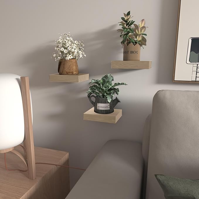 PopiShelves Small Floating Shelves for Wall - 6 Inch Mini Square Natural Wood Shelves for Bedroom, Living Room, Bathroom, Kitchen, Office Decor Set of 3