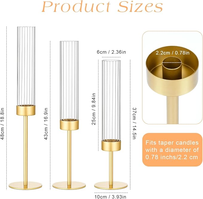 Ninonly Hurricane Candle Holders Set of 3, Tall Brass Candlestick Holders Metal Glass Candle Stands for Wedding Christmas Party Home Table Centerpiece Decorations