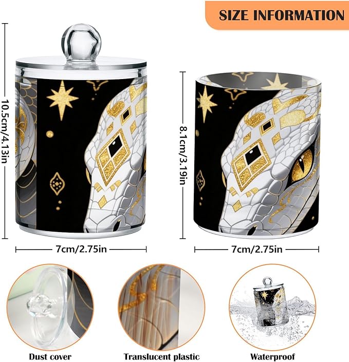 2 Pack Apothecary Jars Art White Snake Bathroom Vanity Storage Organizer Set,Small Clear Plastic Storage Jars Bathroom Canister for Cotton Swabs, Rounds, Balls, Qtips,Makeup Sponges, Flossers,B