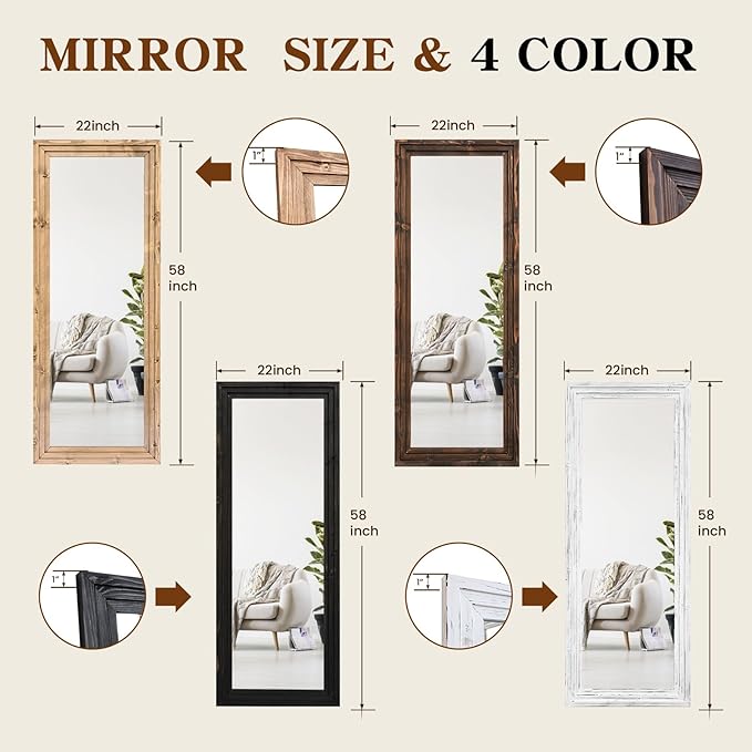 Full Length Mirror 58"x22" Solid Wood Frame Floor Large Mirror for Living Room, Bedroom Hanging or Leaning Wall-Mounted, Black
