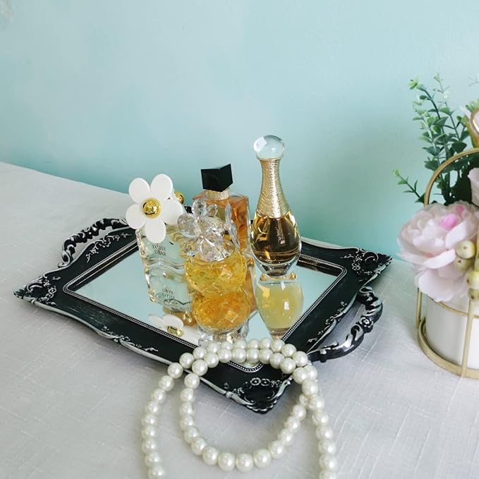 Rectangle Decorative Mirror Tray, French Style, Makeup Organizer, Jewelry Organizer, Serving Tray, 9.5"x 14.9", Silver Black