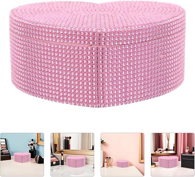 KALLORY Heart-shaped Jewelry Organizer Box with Mirror, Double Layer Pink Plastic Jewelry Storage Case for Earrings Necklaces Hair Clips, Cosmetic Makeup Organizer