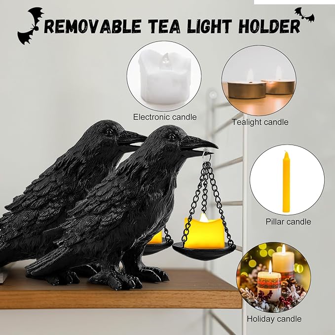 Gothic Crow Lamp with Tealight Candle Holder Resin Raven Decor Statue Gothic Home Decor for Bedroom Unique Goth Gifts Black 2PCS