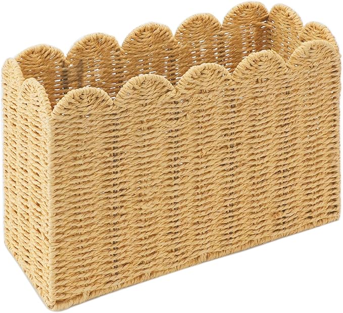 Paper Rope Magazine Holder for Floor, Wicker Magazine Basket, Tall Narrow Book Basket & File Holder for Books, Mail, Newspapers & Papers, Scalloped Storage Basket for Living Room, Office, Bedroom