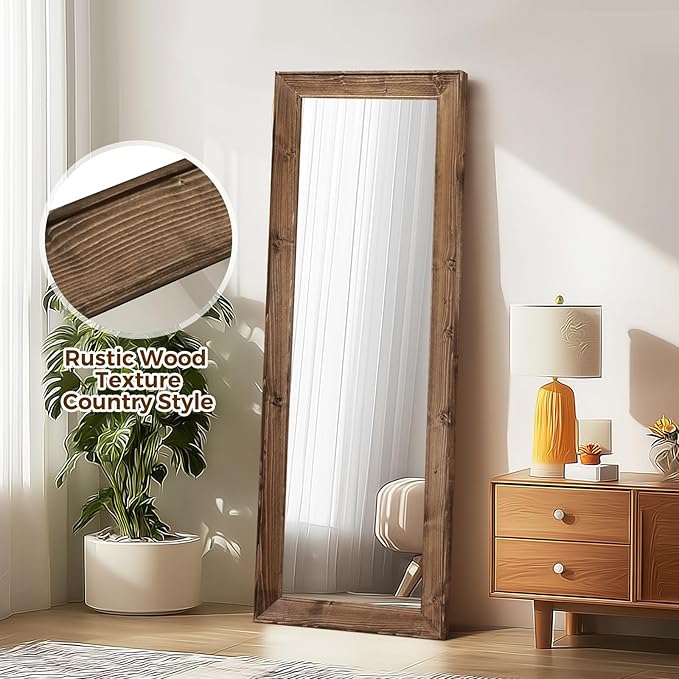 Full Length Mirror 58"x22" - Beveled Edge Rustic Brown Dressing Mirror, Solid Wood Frame, Wall Mounted or Leaning for Bedroom, Entryway, Living Room