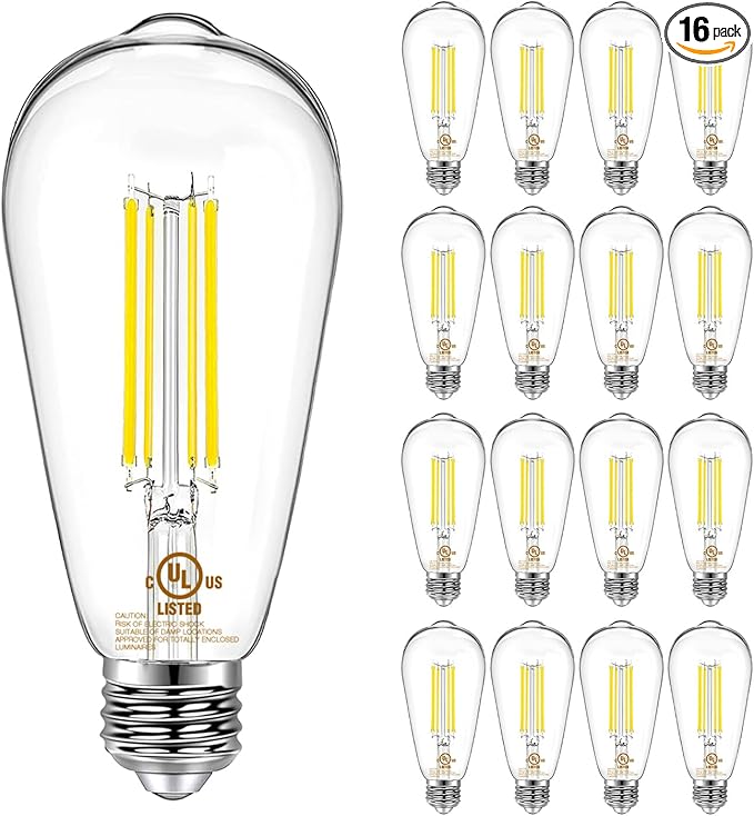 DAYBETTER 16 Pack Vintage LED Edison Bulbs, E26 Led Bulb 60W Equivalent, Dimmable Led Light Bulbs, High Brightness 800 LM Neutral White 4000K, ST58 Antique Filament Bulbs, Clear Glass Style for Home