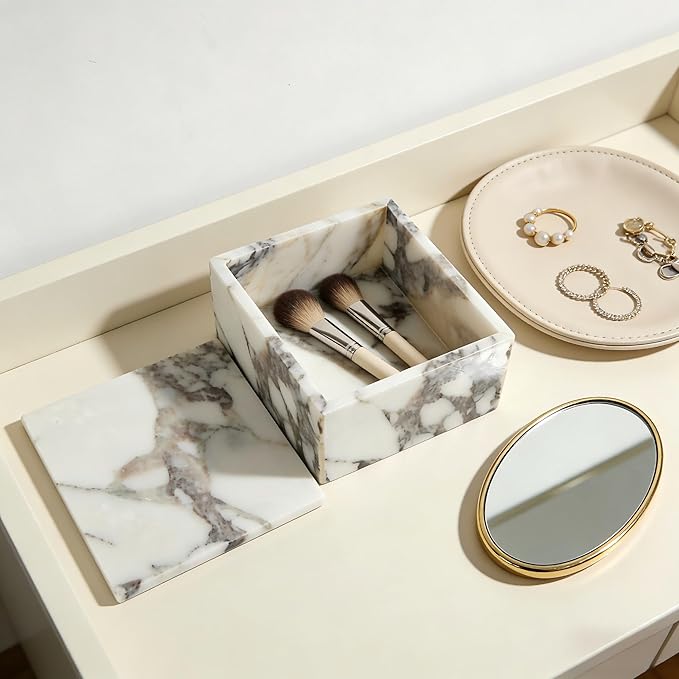 Luxury Marble Storage Box with Lid, White and Purple Veined Pattern, Decorative Organizer for Makeup Brushes, Jewelry, Bathroom Accessories (Square)