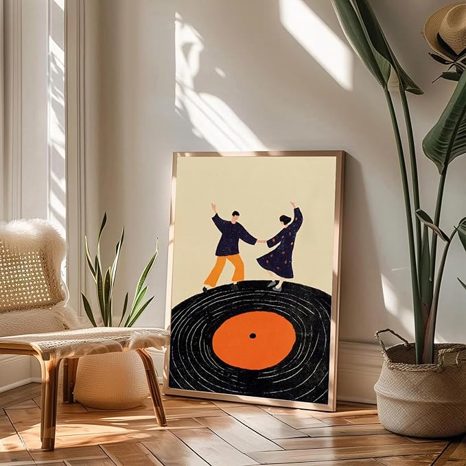 Retro Vinyl Record Canvas Wall Art Trendy Music Wall Art Music Dancing Couple Poster Funky Abstract Canvas Print Modern Pop Inspired Illustration for Home Bar Living Room Bedroom, 16x14inch Unframed