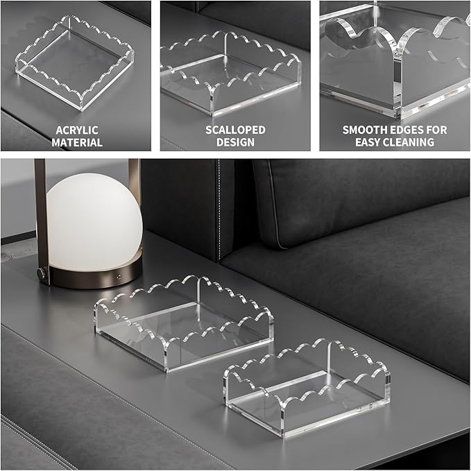 Scalloped Acrylic Tray 2 Pack, Clear Acrylic Decorative Tray for Vanity Jewelry Display, Countertop Organizer Tray for Perfume Makeup, 7 x 5 Inch 8 x 8 Inch Acrylic Organizer for Bathroom Home Decor