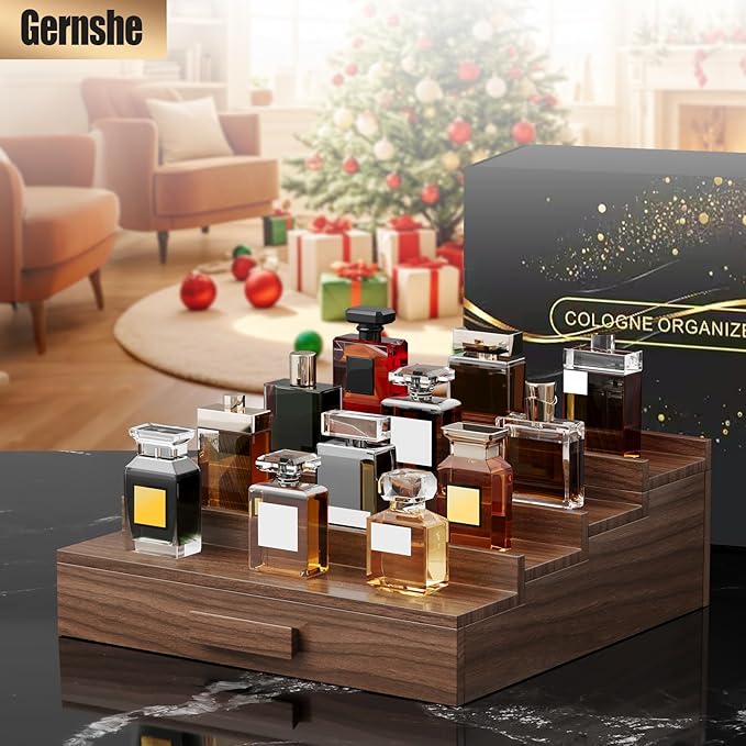 Solid Walnut Cologne Organizer for Men,Cologne Stand,4 Tier Wooden Cologne Holder Shelf Display,Perfume Stand Organizer with Drawer Storage and Hidden Compartment,Gift for Men Dad Husband