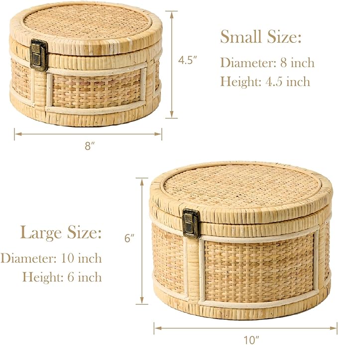 2PCS Rattan Storage Boxes with Lids Wooden Frame Decorative Natural Rattan Round Baskets Set Handmade Woven Wicker Keepsake Memory Jewelry Box Bin Boho Cane Desktop Organizer Container