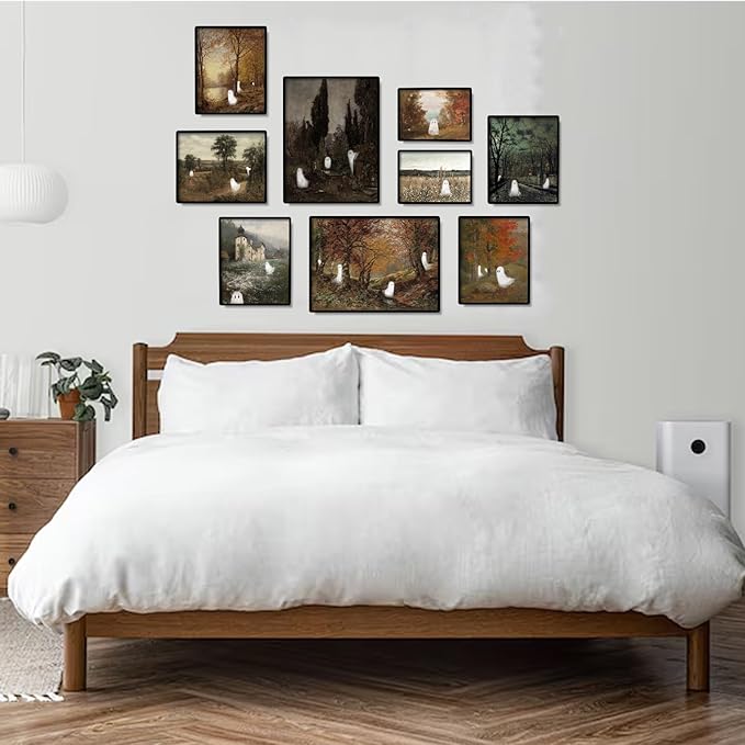 uniro Cute Ghost Decor Halloween Wall Art Prints, Vintage Ghost Pictures for Halloween Wall Decor, Spooky Autumn Landscape Canvas Oil Painting, Moody Gothic Home Decor Dark Academia Aesthetic Posters for Bedeoom, Gallery, Living Room, Bathroom (UNFRAMED)