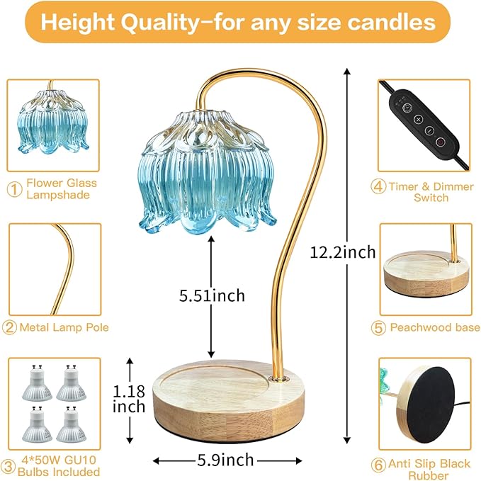 SupBri Dimmable Flower Candle Warmer Lamp, Blue Candle Warmer with Timer & 4Bulbs, Womens Gifts for Christmas Birthday, Unique Home Decor for Bedroom Living Room Decor Aesthetic