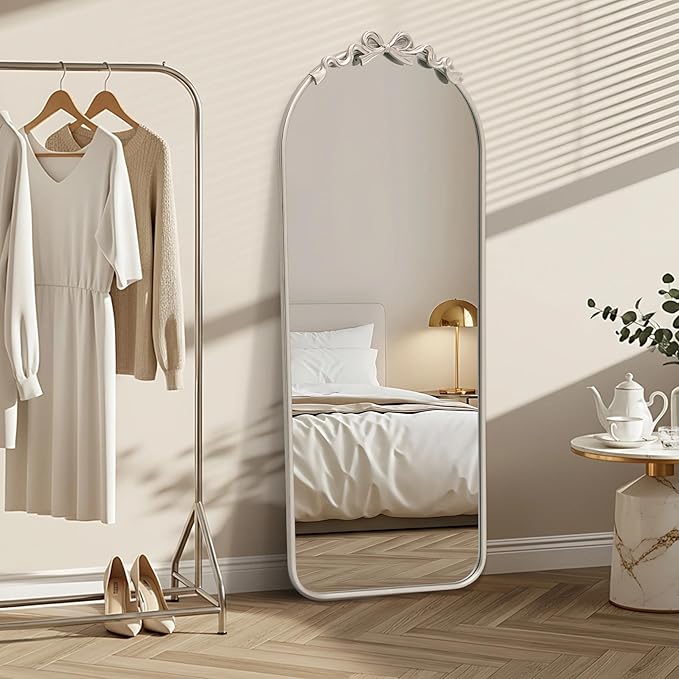 Besdomus Arched Mirror Full Length: 21"x56" Bow Champagne Silver Large Floor Standing Mirror - Antique Baroque Traditional Ornate for Entryway/Cloakroom/Bedroom - Home Decor for Fashion-Conscious
