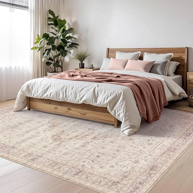 Rugxara Washable Area Rug for Living Room & Bedroom, Soft Pink Rugs for Girls Women, Non Slip, Durable Low Pile Carpet, Vintage Carpets for Office, Dining Room, Kids Room and Farmhouse(4x6ft)