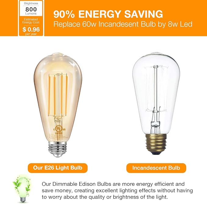 DAYBETTER 4 Pack Vintage LED Edison Bulbs, E26 Led Bulb 60W Equivalent, Dimmable Led Light Bulbs, High Brightness 800 LM Amber Warm 2200K, ST58 Antique Filament Bulbs, Clear Glass Style for Home