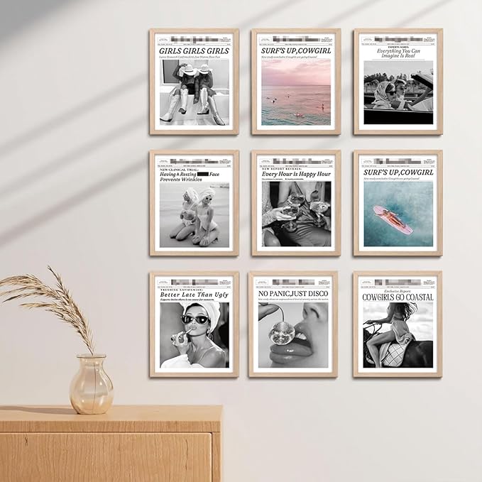 Bwodke OAK Wood Framed Wall Art Every Hour Is Happy Hour Canvas Art Vintage Newspaper Pictures Wall Decor News Prints Trendy Artwork for Girly Dorm Bedroom 8"x10"