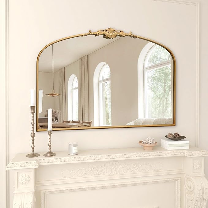 Besdomus Ornate Arched Large Mirror: 48"x33" French Oversize Vintage Vanity Wall Mounted Mirror - Baroque Decorative Traditional Antique for Fireplace/Bathroom/Living Room - Home Decor for Homemakers
