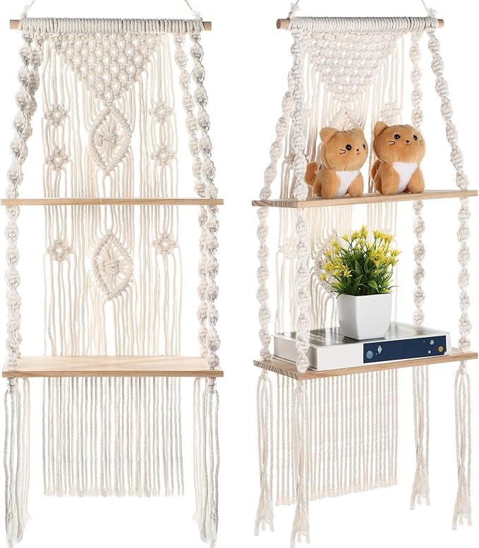 Barydat 2 Pack Macrame Wall Hanging Shelf 2 Tier Handmade Boho Hanging Wall Shelf Floating Woven Rope Decorative Storage Racks Holder Organizer for Home Bedroom Bathroom Plants, Beige (Retro)