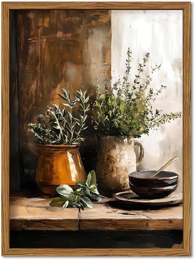 Framed Vintage Kitchen Wall Art, Rustic Herbs Pictures Wall Decor Paintings, Farmhouse Cottagecore Botanical Canvas Prints Moody Home Decor Aesthetic for Dining Room Living Room 12x16 inch