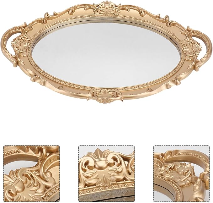 Retro European Style Mirror Tray Perfume Storage Plate Decorative Makeup Organizer Elliptical Gold Background Mirror for Home Décor and Photography Props