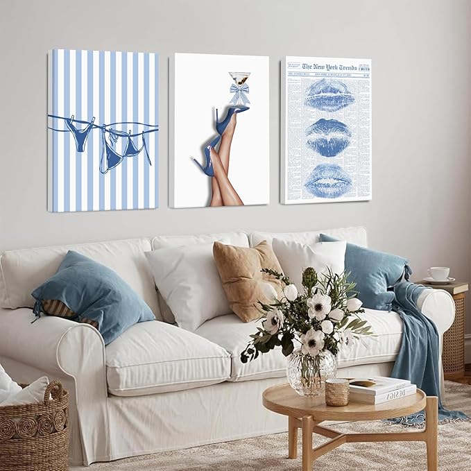 Blue Coquette Wall Art Decor Preppy Trendy Aesthetic Posters Funky Retro Y2k Canvas Wall Art Decor Blue Bow Bikini Lips Prints Girly Room Artwork for Dorm Bedroom 12x16 Inch Wrapped Canvas Set of 3