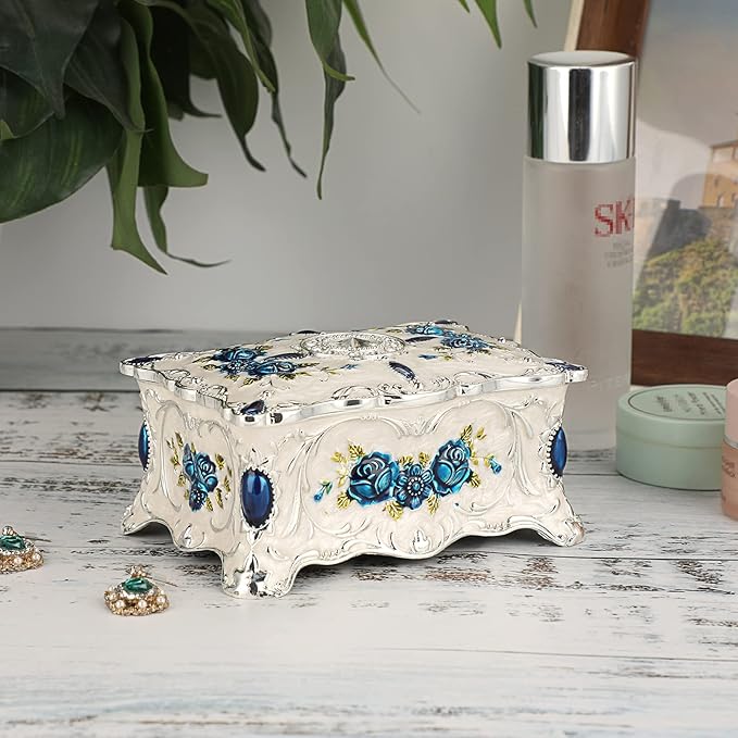 Hipiwe Vintage Metal Jewelry Box Trinket Organizer Box Jewelry Organizer for Women Jewelry Display Home Decor Unique Gift Silvery Medium