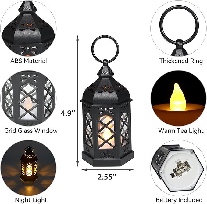 12-Pack Mini Lanterns, Small Candle Lanterns Decorative, Black Tea Light Lantern, Ramadan Eid Decor, Table Centerpiece for Wedding Halloween Christmas, Easter Decorations, Battery Included