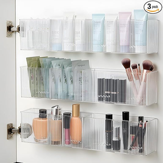 3 Pack Bathroom Makeup Organizer Wall Mount Clear Bathroom Organizers and Storage with 3 Compartments Plastic Storage Organizer Bins Floating Shelves for Wall, Narrow Space, Office, Bedroom 13.78''Len