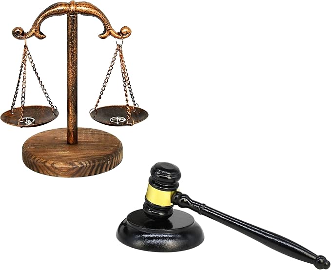 Owlgift Justice Balance Scale with Fixed Beam and Gavel Set – 8” Courtroom Decor with Wooden Base – Decorative Gift for Lawyers, Judges, Auctioneers & Students