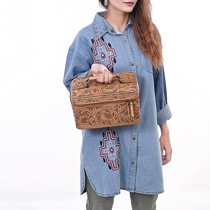 American Darling Western Hand Tooled Leather Jewelry Case | Handcrafted Travel Makeup Bag with Handle and Divided Interior