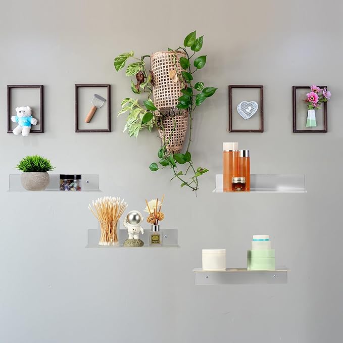 Blulu 8 Pcs Acrylic Floating Shelf, Invisible Wall Mounted Shelf for Book Plants Picture Makeup Record Display in Living Room, Bathroom, Bedroom, Kitchen, Office(12 x 4 x 2 Inches,Clear)