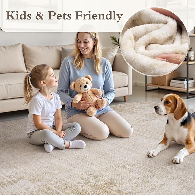 8x10 Area Rugs for Living Room Non Slip Machine Washable Rug Distressed Abstract Soft Indoor Carpet Neutral Boho Rug for Bedroom Dining Room Playroom Office, Beige