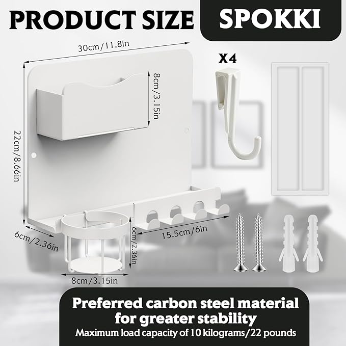 SPOKKI Floating Bedside Wall Shelf Organizer with Remote Control Holder;Metal Adhesive Wall Mount Nightstand Shelf for Bedroom;Dorm Room Essentials;Bed Shelf for Phone,Earphone,Kindle (White)