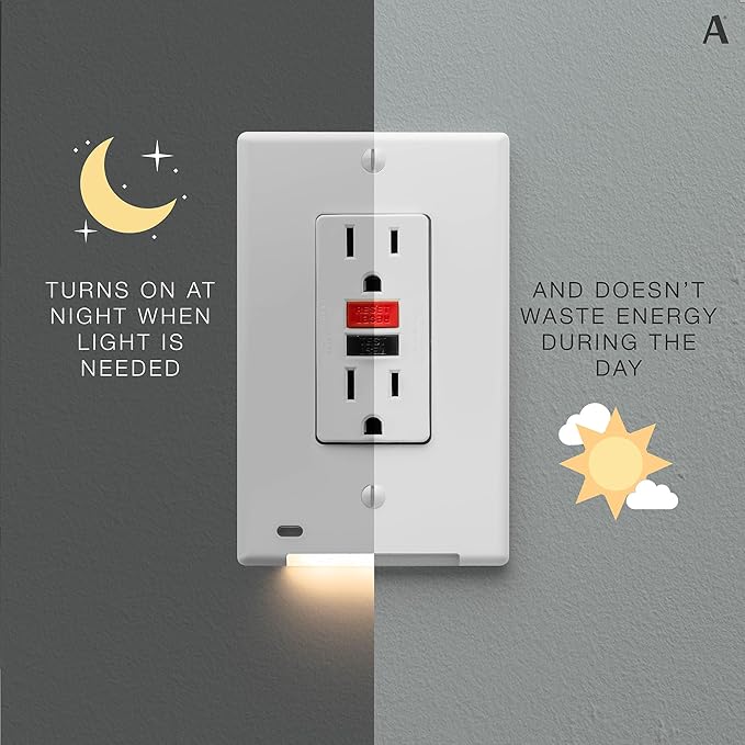 AMERELLE Universal LumiCover Outlet Cover Wallplate with Built-In Night Light, Decor, White, 4-Pack - Easy DIY Installation, Convenient Low-Profile Design, for GFCI Outlets