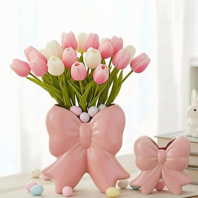 Jingmore Pink Bow Vase Coquette Ceramic Vase for Wedding Pen Holder Makeup Brush Holder Contemporary Design Decorative Women Gift for Home Office Shelf Table Room(Large, Classic)