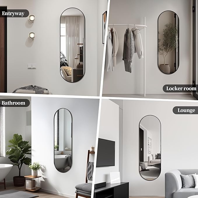 Oval Full Length Mirror, 48"×16" Wall-Mounted Mirror with Metal Frame, Ultra-Clear Explosion-Proof, Simple and Classic Deco for Cloakroom/Bedroom/Living Room, Black