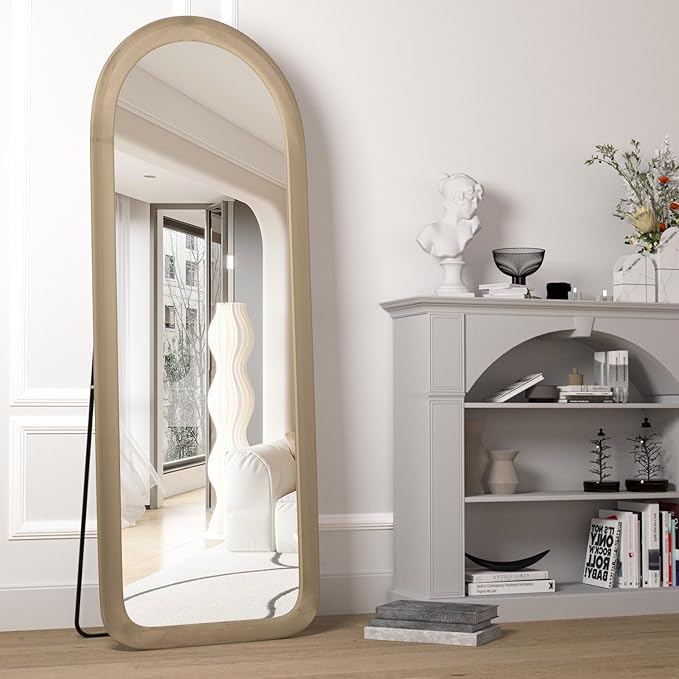 Full Length Mirror 56"x20" Arch Floor Mirror with Stand Arched Full Body Mirror Standing Hanging or Leaning Against Wall for Bedroom Flannel Wrapped Wooden Frame Milk Tea