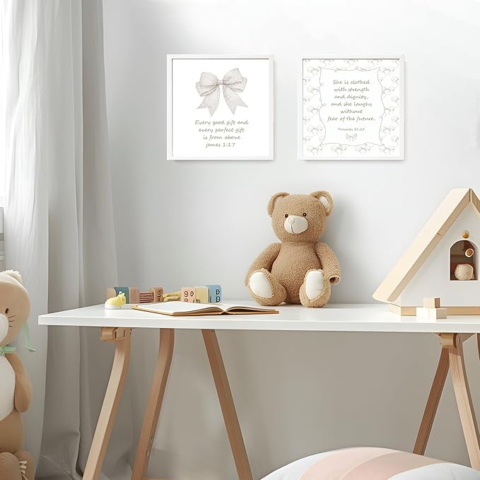 LARTSFRO Coquette Beige Bow Jesus Wall Art Decor Posters, Beige Bow Christian Room Bedroom Bathroom Wall Art Decor Aesthetic for Teen Girls Gifts, Inspirational Bible Verses Bow Wall Decor, 10x10 Inch Set of 4 Bow Pictures (UNFRAMED)