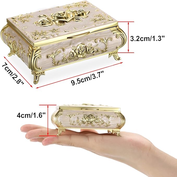 Hipiwe Vintage Jewelry Box Metal Trinket Chest Treasure Display Case for Rings Earrings Organizer Rectangular Decorative Keepsake Storage Box, Small
