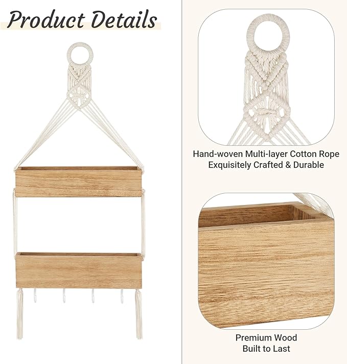 Mkono Macrame Hanging Shelf for Bedside Shelf Organizer with Hooks, Boho Wall Decor Cute Wood Floating Shelves for Girls Bedroom Dorm Nursery, Wall Storage for Phone, Remote, Accessories (Small)