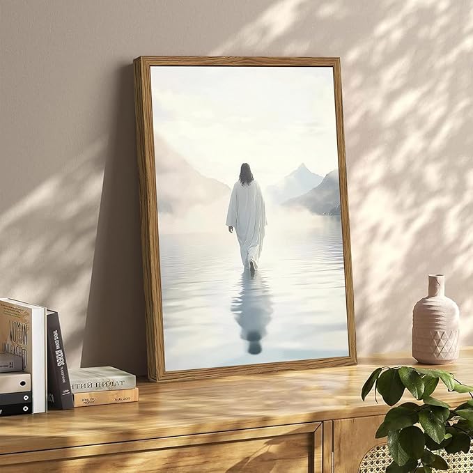 Jesus Walking on Water Wall Art White Jesus Wall Decor Christian Faith Painting 3D Textured Hand Drawn Sandstone Artwork for Living Prayer Room Bedroom 16x24 inch Wood Framed