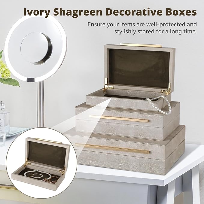 3 Pcs Ivory Shagreen Boxes, PU Leather Watch Jewelry Organizers with Velvet Lining, Golden Handles Decorative Boxes, Modern Nesting Storage Boxes for Dresser, Shelf, Closet