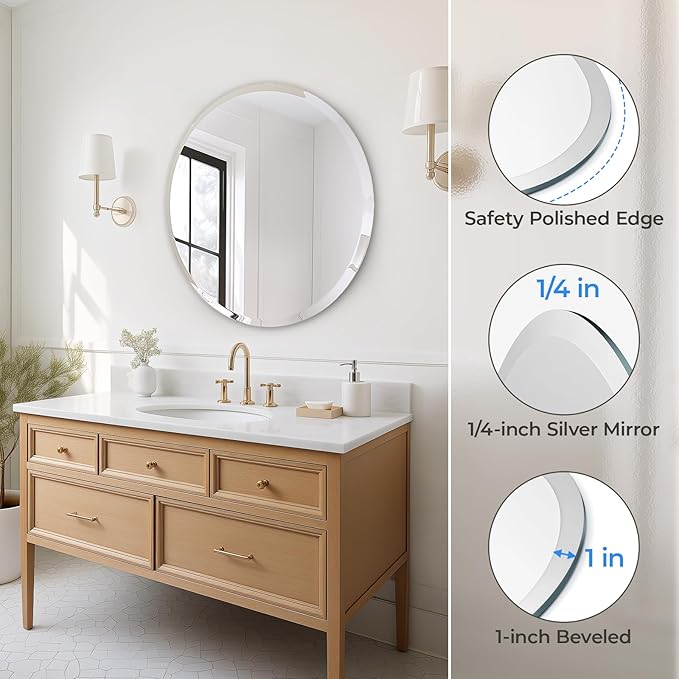 USHOWER Frameless Round Bathroom Mirror 24", Circle Vanity Mirror for Wall Decor, with Beveled Edge, for Bathroom, Living Room, Entryway, Modern & Elegant Look