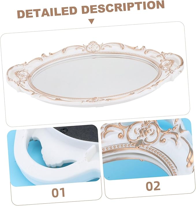 BESPORTBLE Oval Vintage Decorative Mirror Tray with Handles French Style Makeup Organizer and Jewelry Dresser Serving Tray Elegant Ellipse Shape for Vanity Display and Dessert Presentation