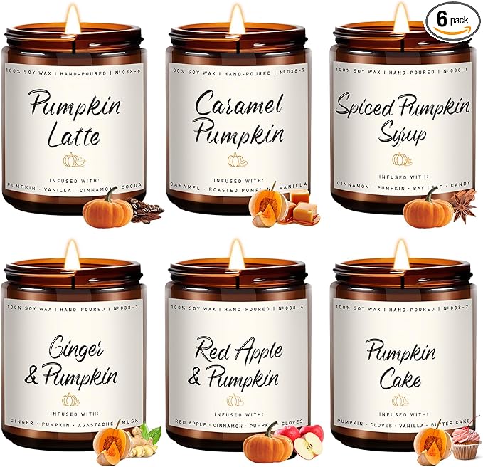 Auelife Scented Candles - Pumpkin Candle Set of 6 | Ginger, Apple, Cake, Caramel, Latte & Spiced Pumpkin Soy Candles | Holiday Candle for Home Décor & Gifts for Women, Cozy Holiday Aromatherapy